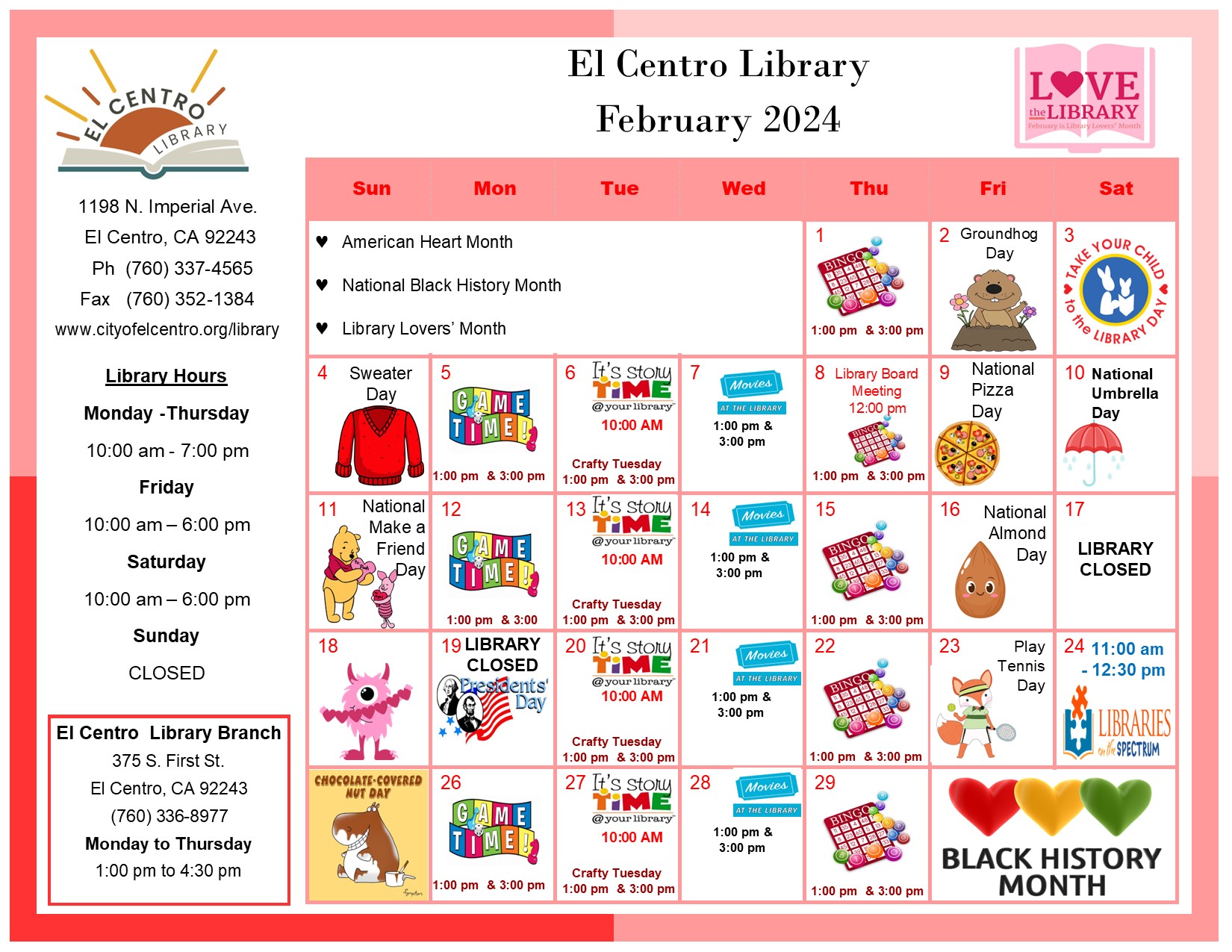 El Centro Library February calendar 2024
