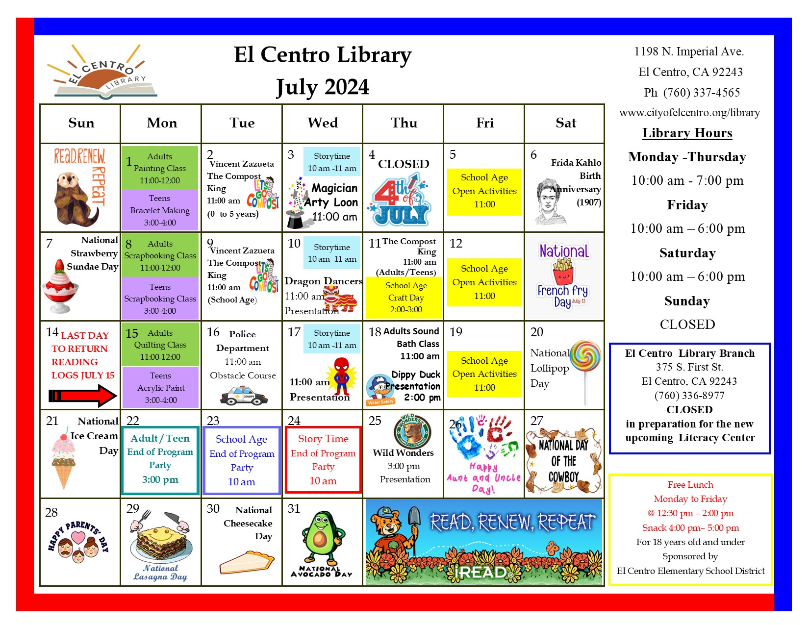 El Centro library July calendar 