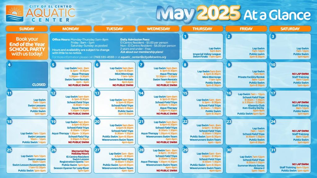 Aquatic Center May Calendar 2025