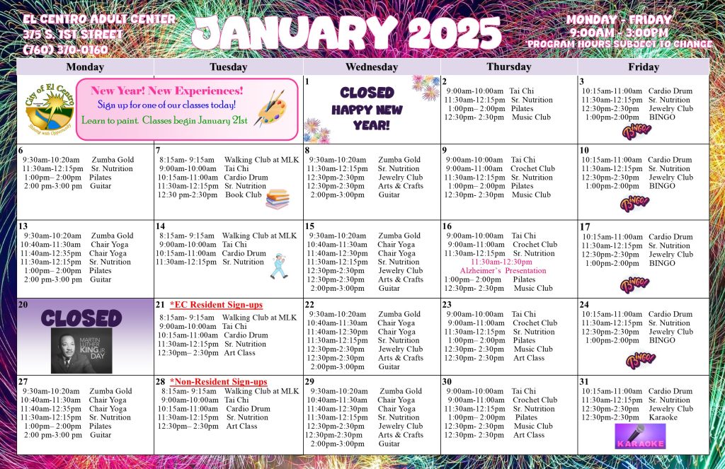 Adult Center Calendar 
 January 2025