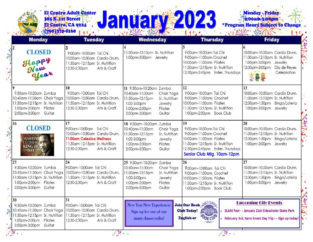 Adult Center January 2023 Calendar