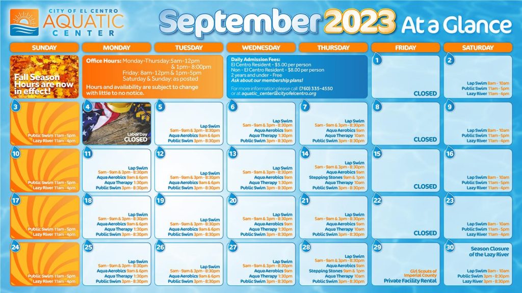 Aquatic Center Calendar for September 2023