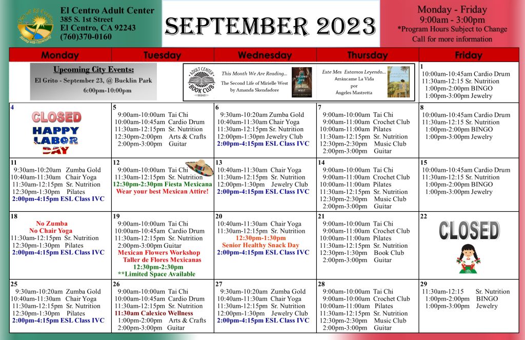 Adult Center Calendar for September 2023