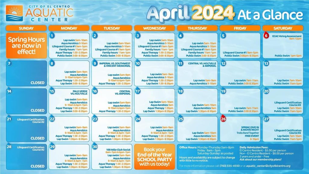 Aquatic Center April Calendar 